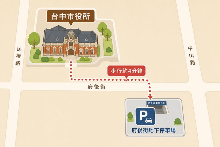 府後街地下停車場到台中市役所步行動線示意圖